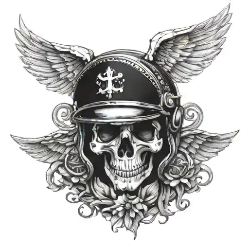 Skull in a helmet with fantasy style wings on the throat tattoo design idea