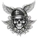Skull in a helmet with fantasy style wings on the throat tattoo design idea
