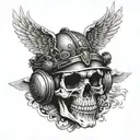 Skull in a helmet with fantasy style wings on the throat tattoo design idea