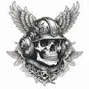 Skull in a helmet with fantasy style wings on the throat tattoo design idea
