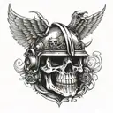 Skull in a helmet with fantasy style wings on the throat tattoo design idea