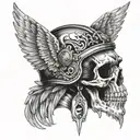 Skull in a helmet with fantasy style wings on the throat tattoo design idea