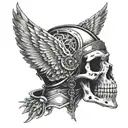 Skull in a helmet with fantasy style wings on the throat tattoo design idea