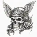 Skull in a helmet with fantasy style wings on the throat tattoo design idea