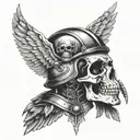 Skull in a helmet with fantasy style wings on the throat tattoo design idea