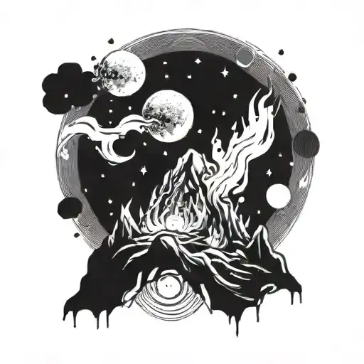 A bonfire on a distant alien planet surrounded by celestial bodies tattoo design idea