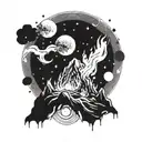 A bonfire on a distant alien planet surrounded by celestial bodies tattoo design idea