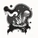 A bonfire on a distant alien planet surrounded by celestial bodies tattoo design idea