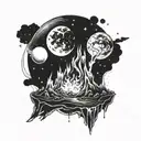 A bonfire on a distant alien planet surrounded by celestial bodies tattoo design idea