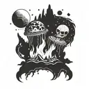 A bonfire on a distant alien planet surrounded by celestial bodies tattoo design idea