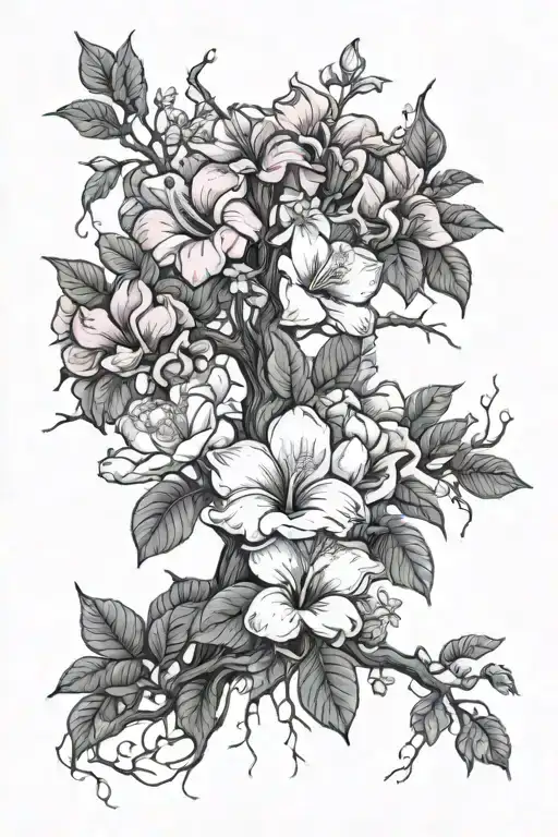 Tree with magnolia flowers and hibiscus flower tattoo design idea