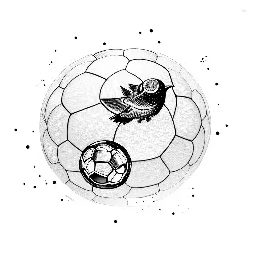 A dynamic blackwork tattoo of a soccer ball surrounded by flying birds tattoo design idea