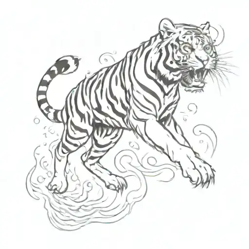 tiger with tribal stripes in flames jumping tattoo design idea