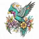 colourful phoenix lots of beautiful flowers, gems , butterflies tattoo design idea