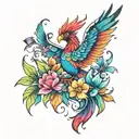 colourful phoenix lots of beautiful flowers, gems , butterflies tattoo design idea