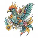 colourful phoenix lots of beautiful flowers, gems , butterflies tattoo design idea