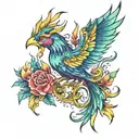 colourful phoenix lots of beautiful flowers, gems , butterflies tattoo design idea