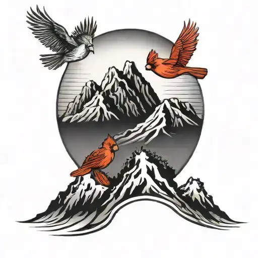 A sun setting behind a mountain range with cardinals flying in the sky tattoo design idea
