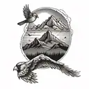 A sun setting behind a mountain range with cardinals flying in the sky tattoo design idea