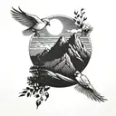 A sun setting behind a mountain range with cardinals flying in the sky tattoo design idea