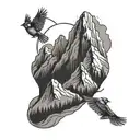 A sun setting behind a mountain range with cardinals flying in the sky tattoo design idea