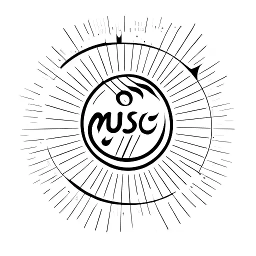 A minimalist tattoo of a lightning bolt shaped like a guitar pick, with the quote 'Music is my mystery' written in Japanese calligraphy. tattoo design idea
