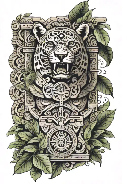 Aztec temple with a large jaguar body on top with leaves and nature around tattoo design idea