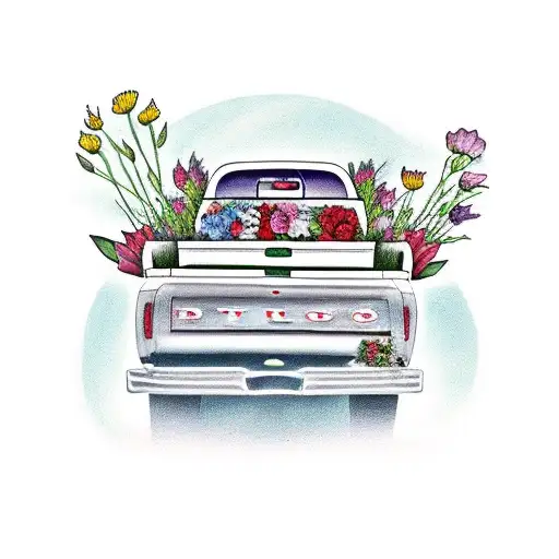 pickup truck saying trevino with flowers flying out of the bed of the truck and the license plate saying wildcat tattoo design idea