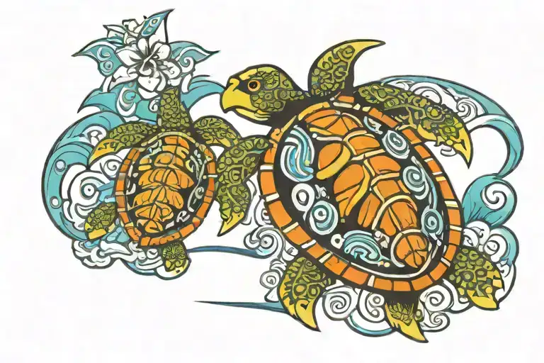 Colorful Hawaiian turtles with family tribal designs. Background surrounded by plumeria and Hawaiian volcanic scenery tattoo design idea