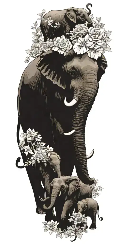 A tattoo depicting a family of elephants, each representing a different stage of life, from baby to elder, surrounded by floral elements symbolizing growth and unity tattoo design idea