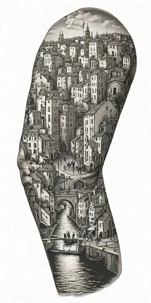 A tattoo representing the history of your family walking through a city similar to Venice tattoo design idea