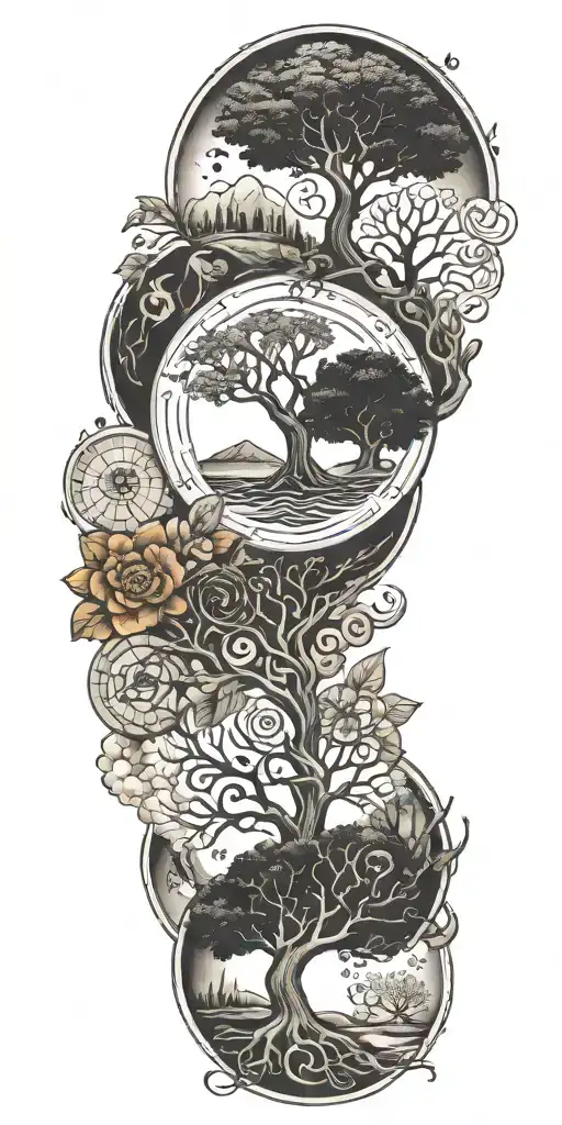 A tattoo representing the cycle of life intertwined with family, incorporating elements such as a tree of life, a family tree, and symbols of growth and connection tattoo design idea