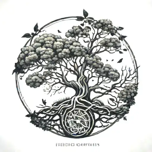 A tattoo representing the cycle of life incorporating elements of nature, like a tree growing from a seed to a full-grown tree with roots and branches tattoo design idea