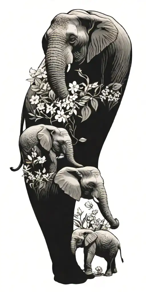 A tattoo depicting a family of elephants, each representing a different stage of life, from baby to elder, surrounded by floral elements symbolizing growth and unity tattoo design idea