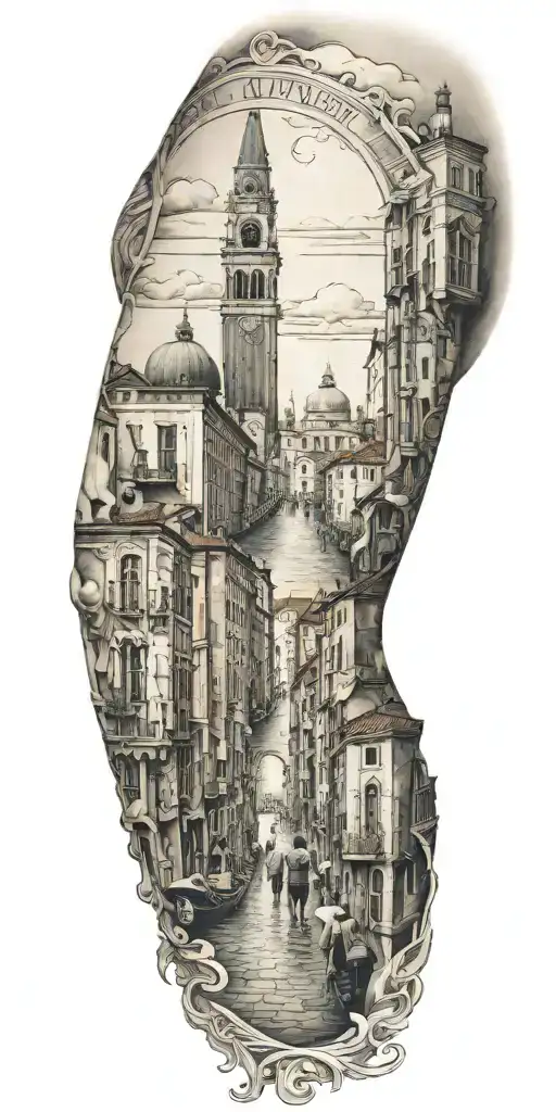 A tattoo representing the history of your family walking through a city similar to Venice tattoo design idea