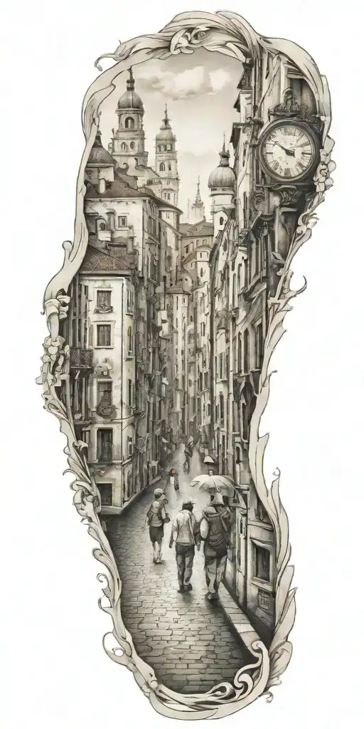 A tattoo representing the history of your family walking through a city similar to Venice tattoo design idea