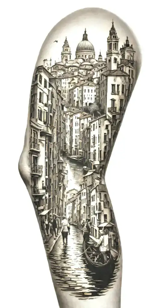 A tattoo representing the history of your family walking through a city similar to Venice tattoo design idea