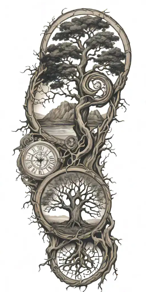 A tattoo design representing the family tree intertwined with symbols of the cycle of life tattoo design idea