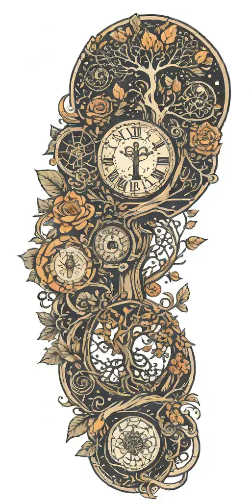 A tattoo representing the cycle of life intertwined with family, incorporating elements such as a tree of life, a family tree, and symbols of growth and connection tattoo design idea