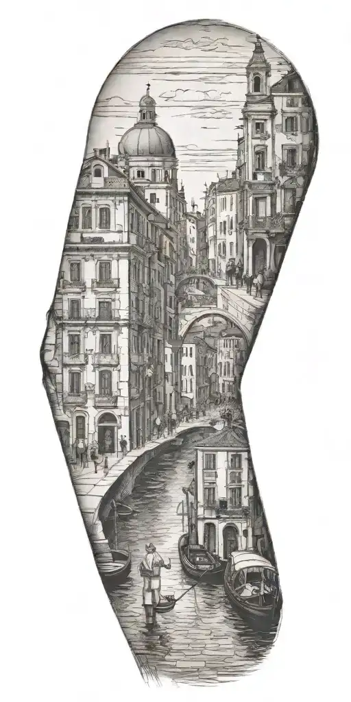 A tattoo representing the history of your family walking through a city similar to Venice tattoo design idea