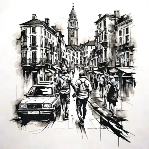 A tattoo representing the history of your family walking through a city similar to Venice tattoo design idea