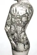 A tattoo representing the history of your family walking through a city similar to Venice tattoo design idea