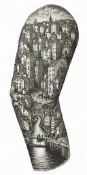 A tattoo representing the history of your family walking through a city similar to Venice tattoo design idea