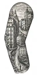 A tattoo representing the history of your family walking through a city similar to Venice tattoo design idea
