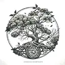 A tattoo representing the cycle of life incorporating elements of nature, like a tree growing from a seed to a full-grown tree with roots and branches tattoo design idea