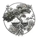A tattoo representing the cycle of life incorporating elements of nature, like a tree growing from a seed to a full-grown tree with roots and branches tattoo design idea