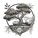 A tattoo representing the cycle of life incorporating elements of nature, like a tree growing from a seed to a full-grown tree with roots and branches tattoo design idea