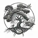 A tattoo representing the cycle of life incorporating elements of nature, like a tree growing from a seed to a full-grown tree with roots and branches tattoo design idea