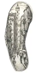 A tattoo representing the history of your family walking through a city similar to Venice tattoo design idea