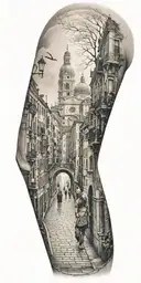 A tattoo representing the history of your family walking through a city similar to Venice tattoo design idea